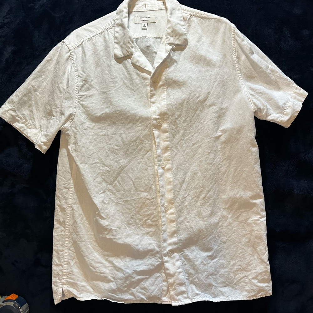 Banana Republic White Standard Fit Linen-Blend Resort Shirt